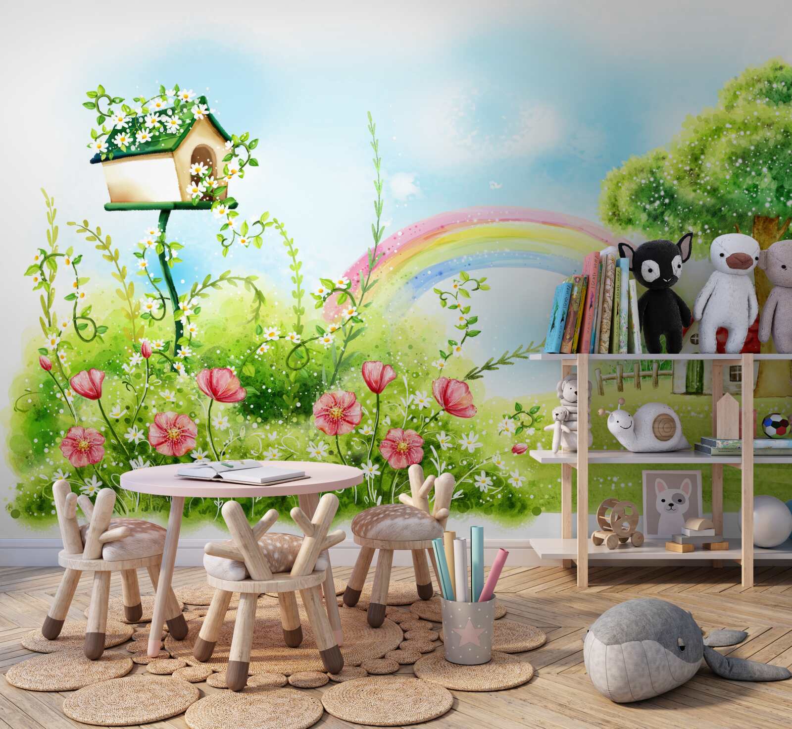 Фотошпалери галявина, будиночок і різнокольорова арка