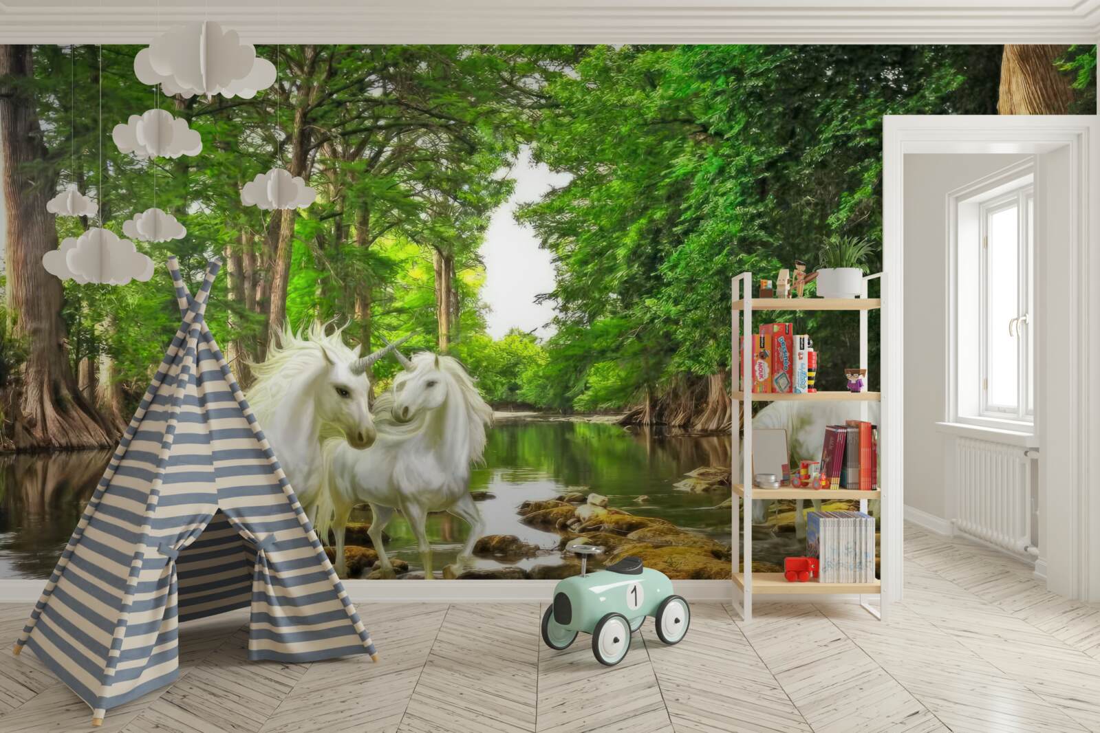 Фотошпалери у лісі біля води стоять три легкі пегаси