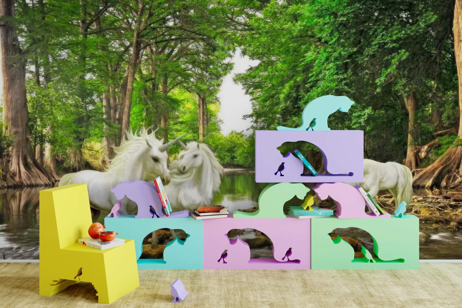 Фотошпалери у лісі біля води стоять три легкі пегаси