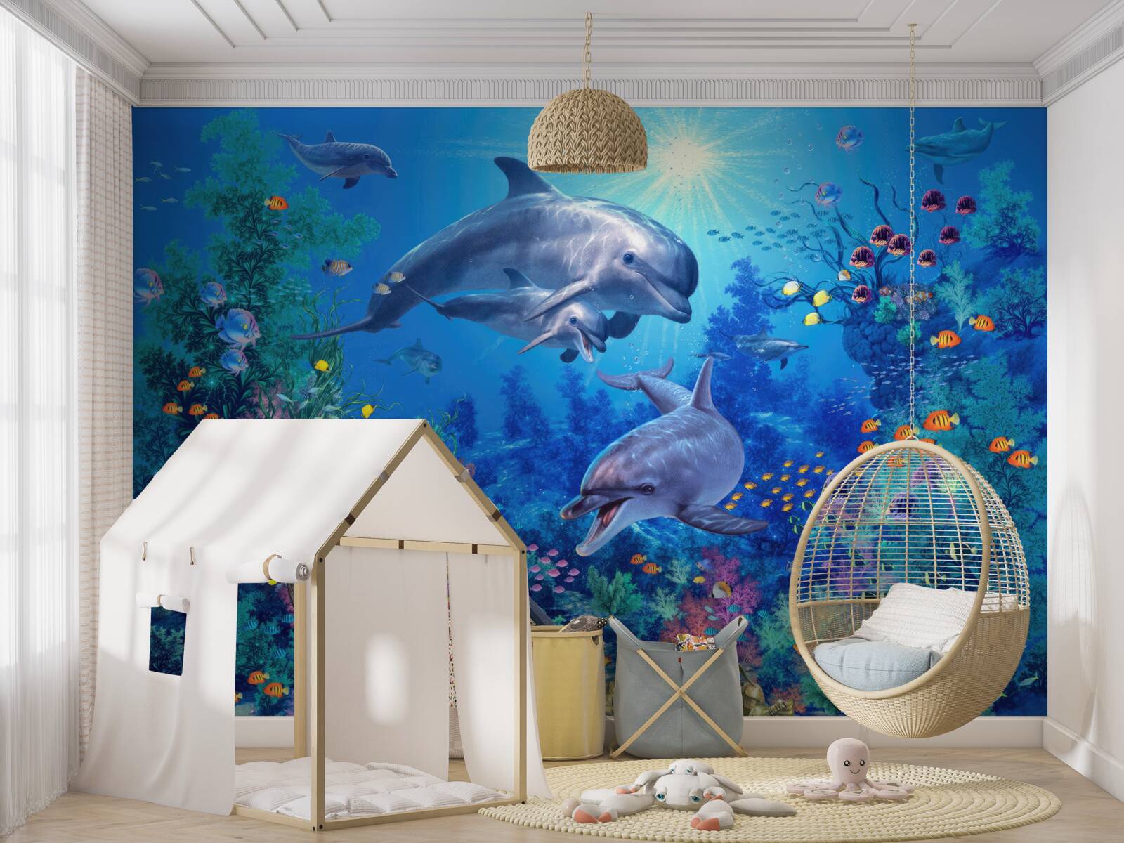 Фотошпалери група дельфінів у підводному середовищі