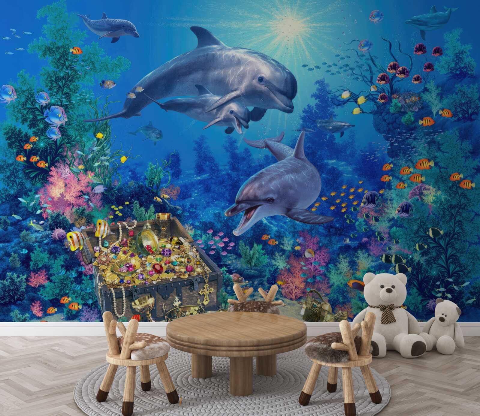 Фотошпалери група дельфінів у підводному середовищі