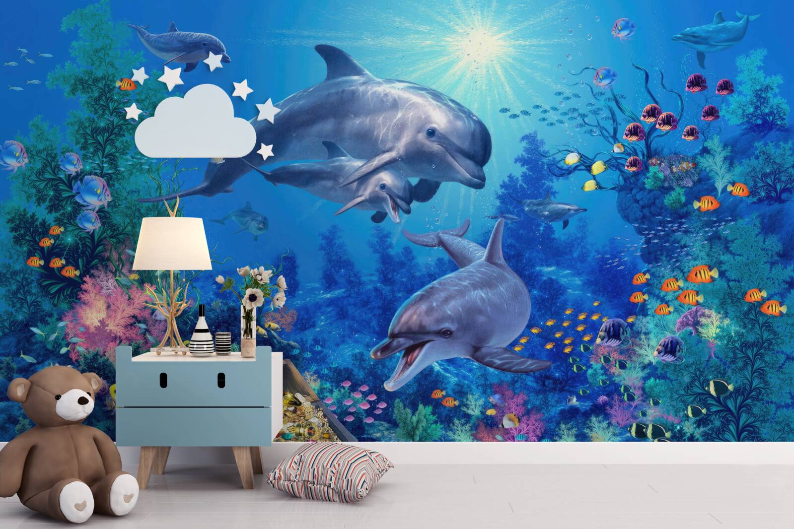 Фотошпалери група дельфінів у підводному середовищі