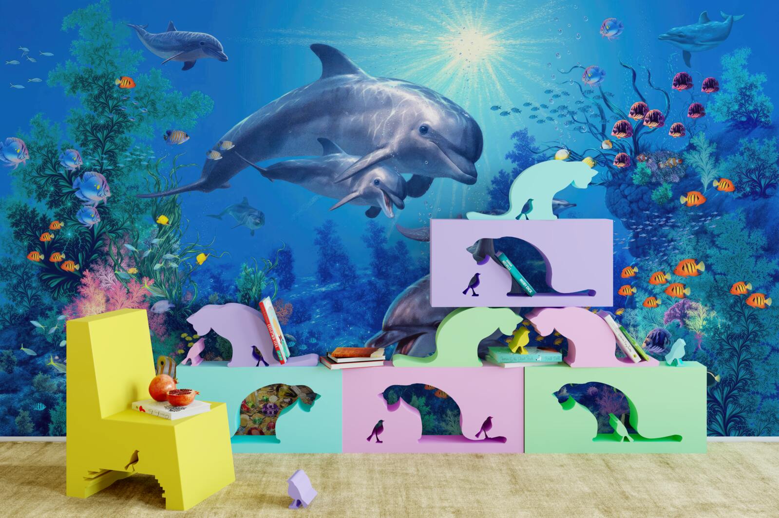 Фотошпалери група дельфінів у підводному середовищі