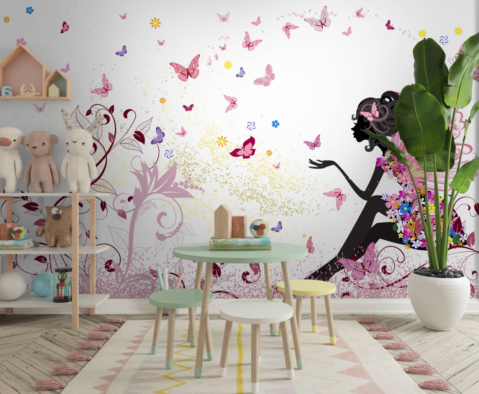 Фотошпалери контур дівчини та багато метеликів