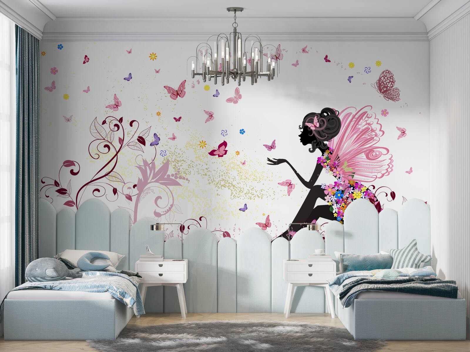 Фотошпалери контур дівчини та багато метеликів