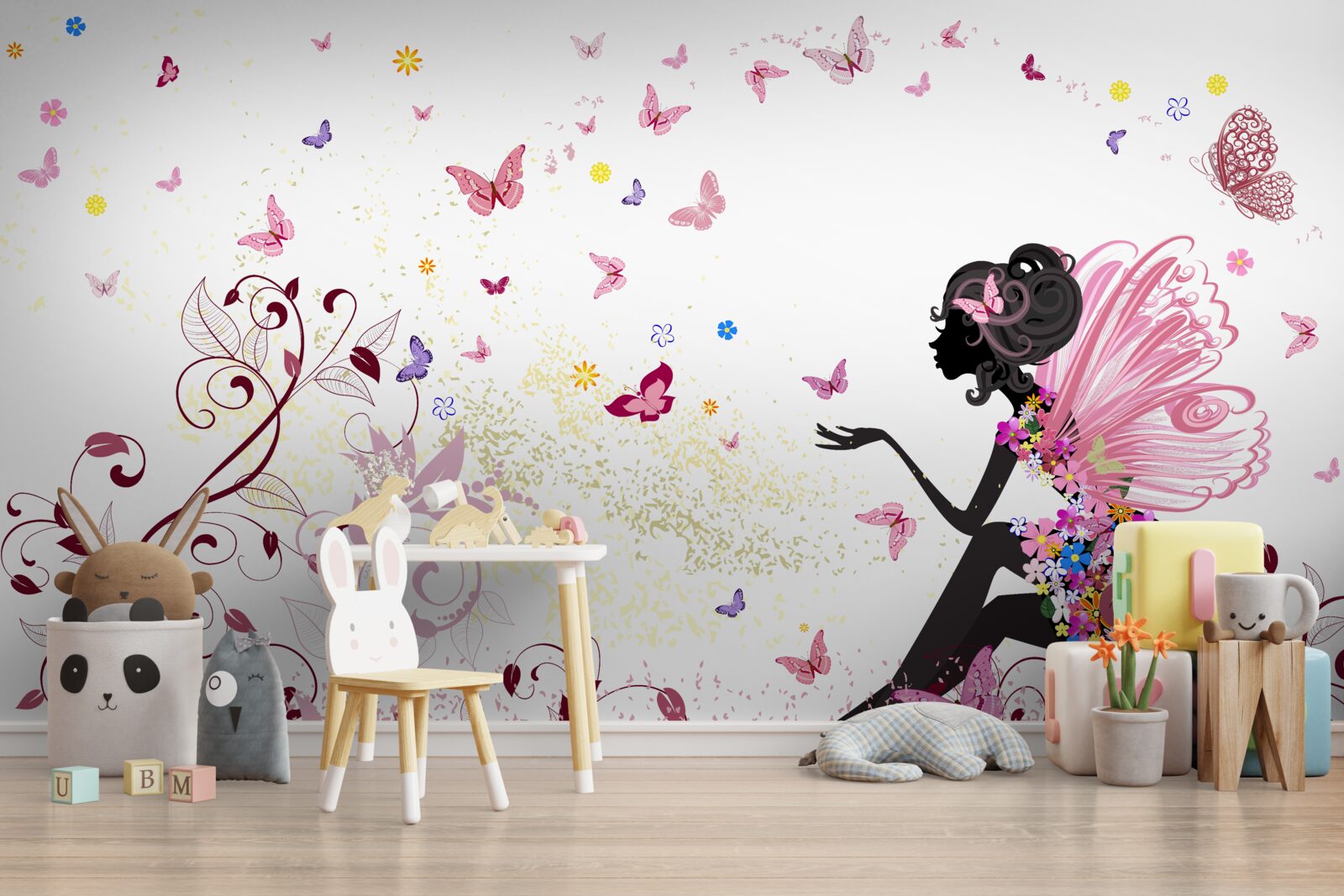 Фотошпалери контур дівчини та багато метеликів