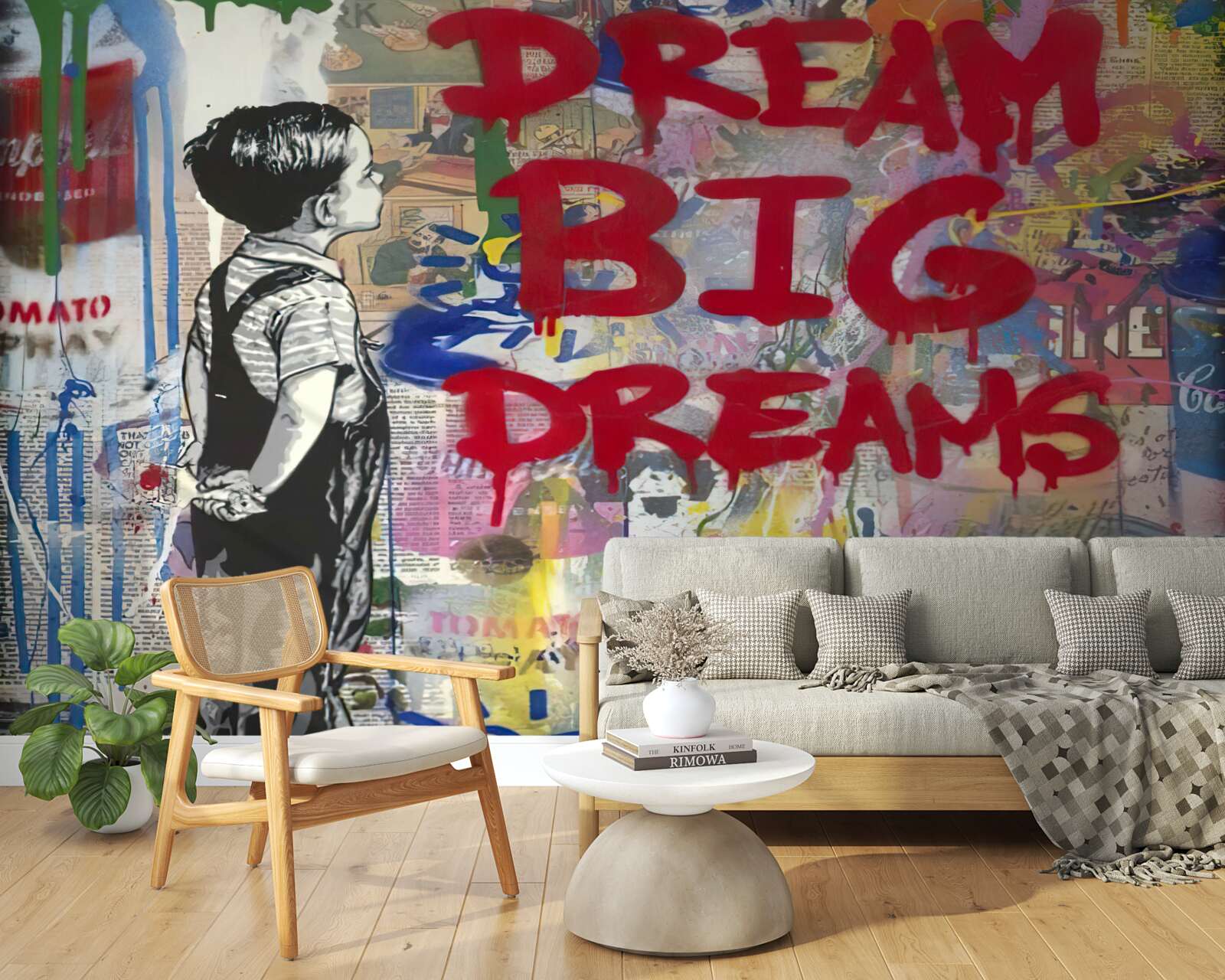 Фотошпалери хлопчик розглядає стіну, вкриту малюнками