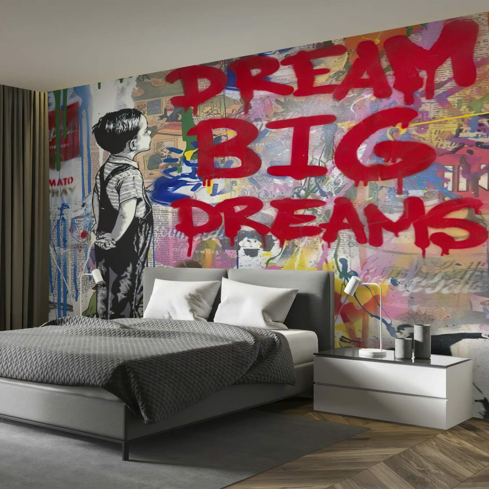 Фотошпалери хлопчик розглядає стіну, вкриту малюнками