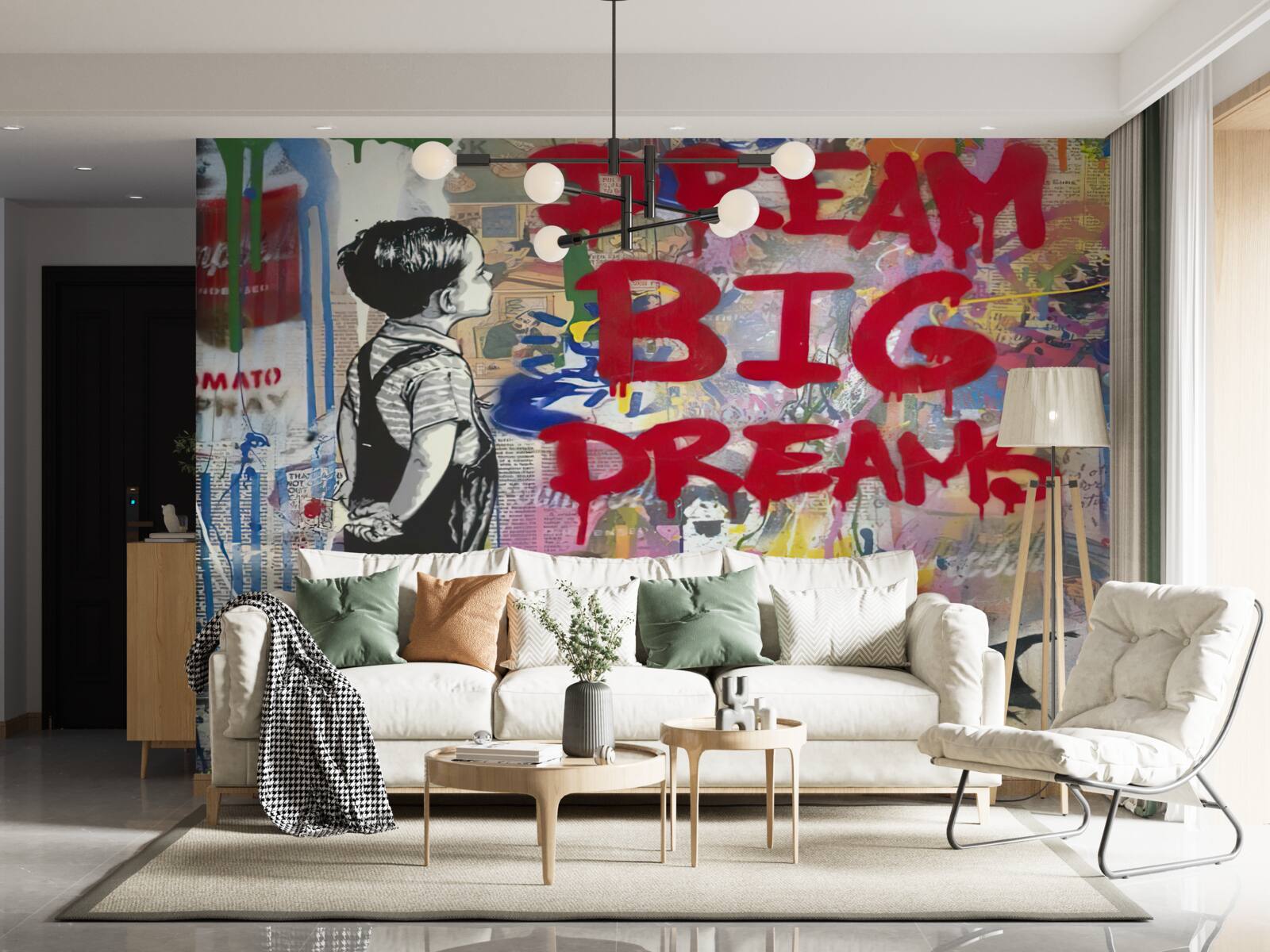 Фотошпалери хлопчик розглядає стіну, вкриту малюнками