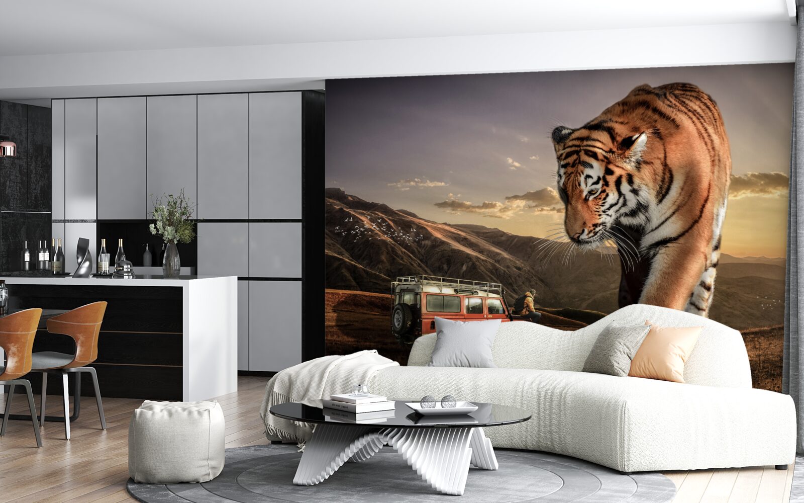 Фотошпалери великий тигр спостерігає за машиною