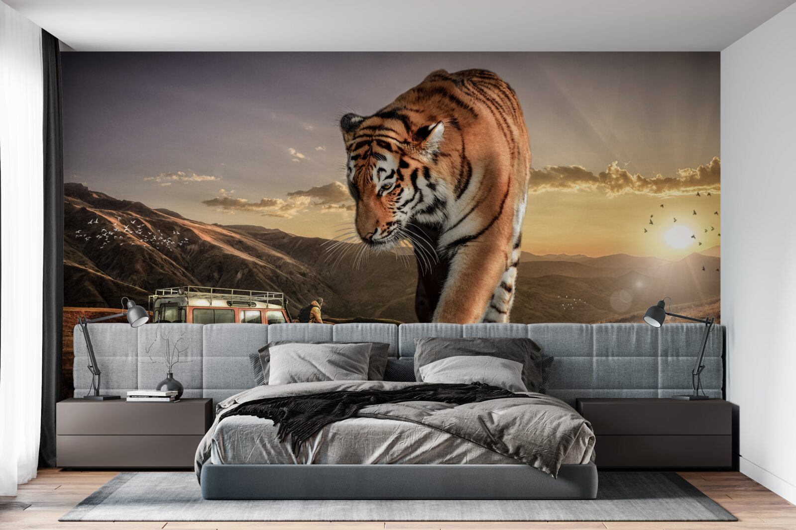 Фотошпалери великий тигр спостерігає за машиною