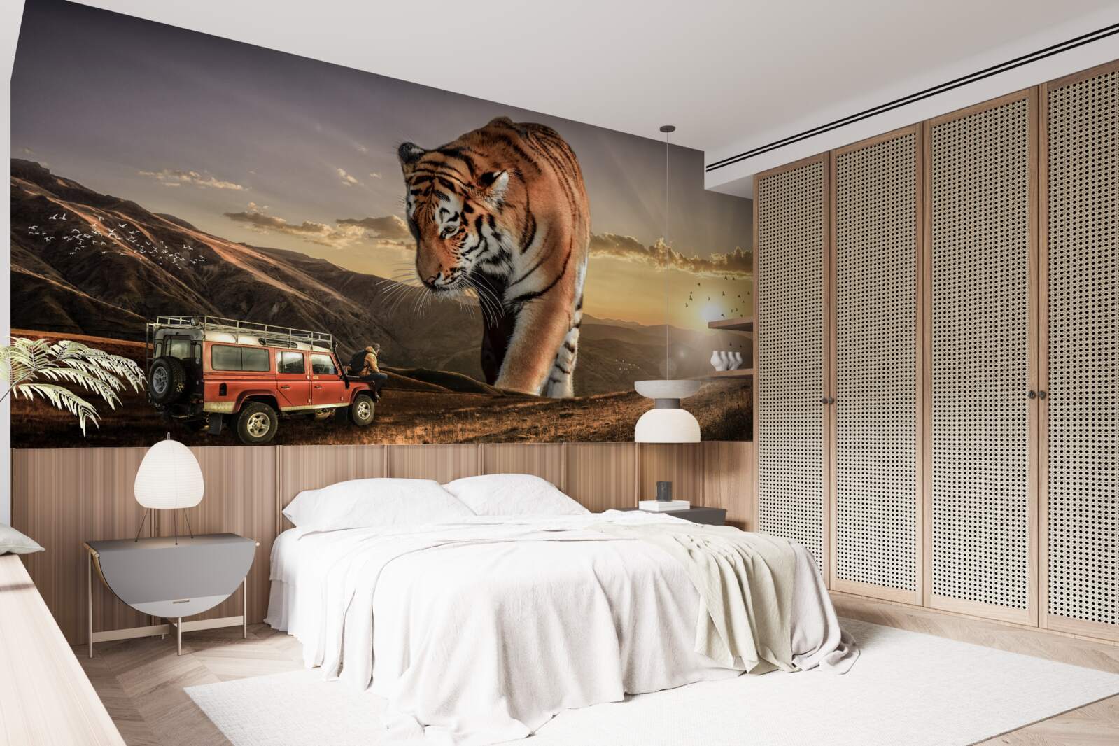 Фотошпалери великий тигр спостерігає за машиною