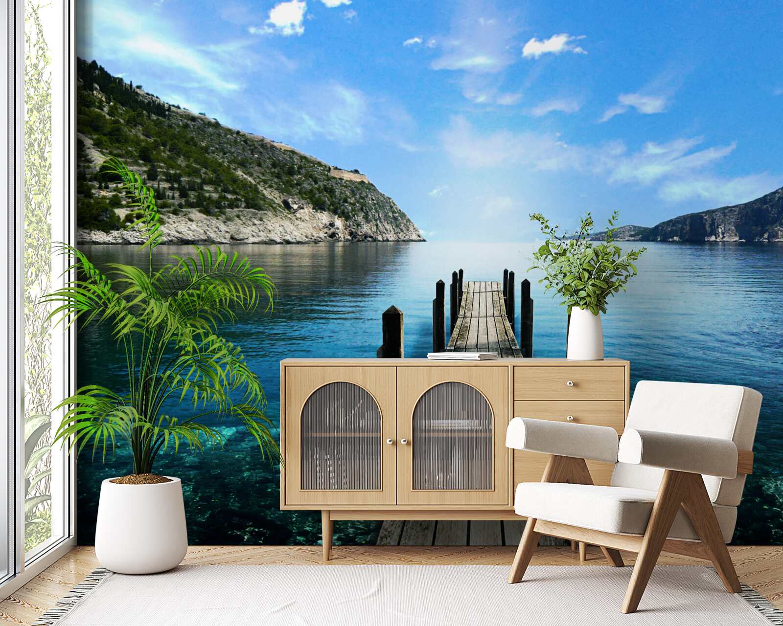 Фотошпалери на тлі неба, гір і річки видніється понтонний міст