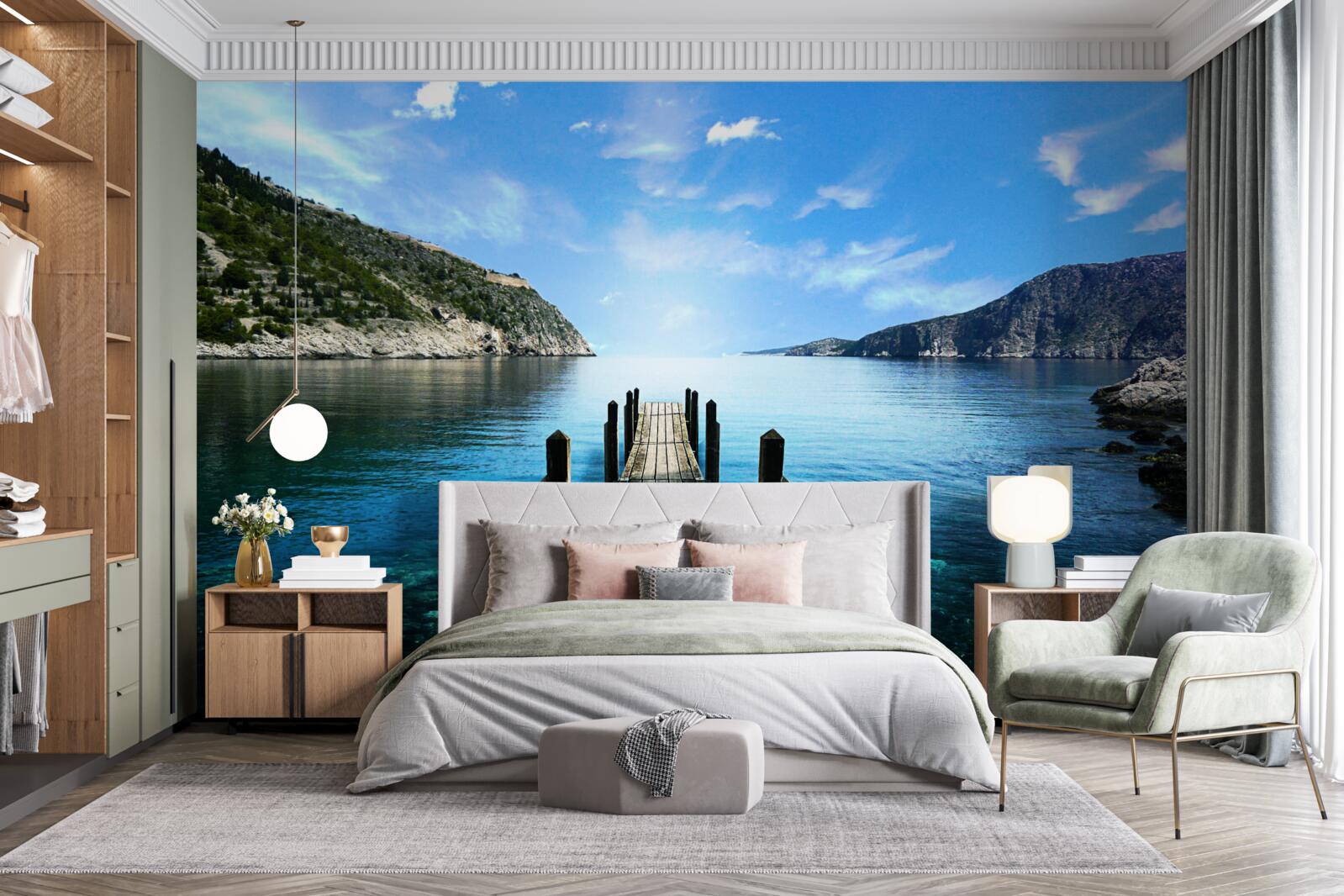 Фотошпалери на тлі неба, гір і річки видніється понтонний міст