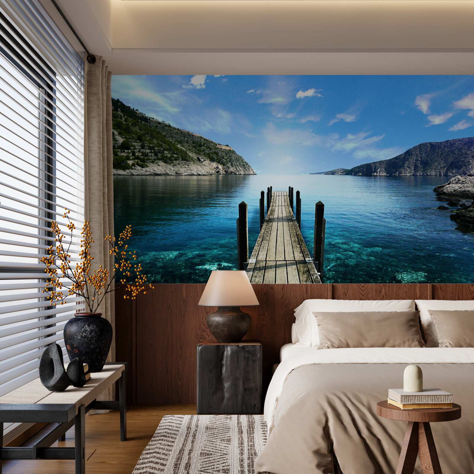 Фотошпалери на тлі неба, гір і річки видніється понтонний міст