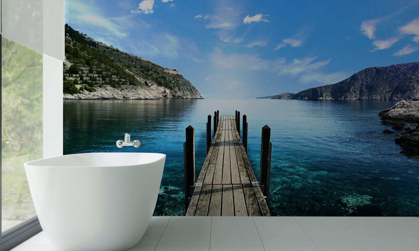 Фотошпалери на тлі неба, гір і річки видніється понтонний міст