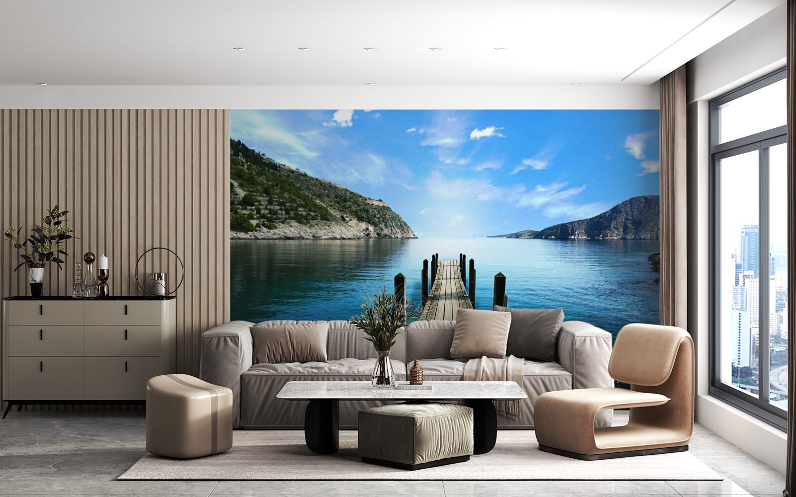 Фотошпалери на тлі неба, гір і річки видніється понтонний міст