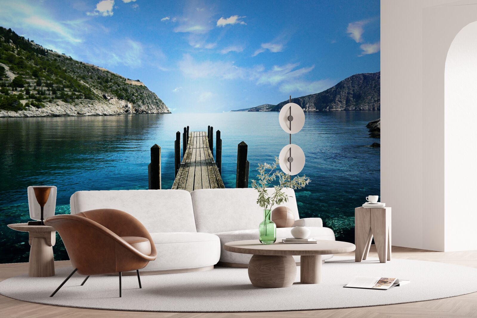 Фотошпалери на тлі неба, гір і річки видніється понтонний міст