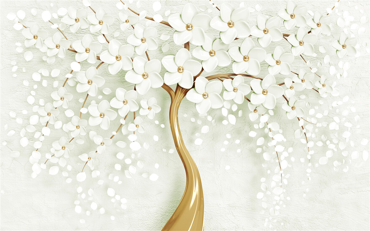 Фотошпалери дерево з білосніжними квітами, що розпускаються влітку