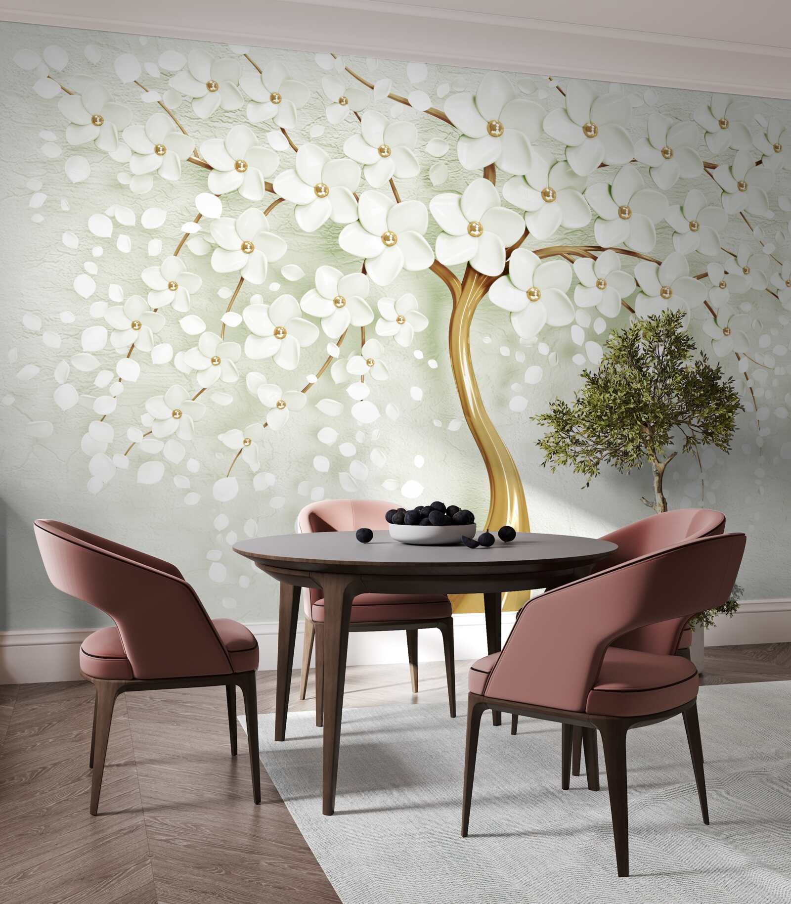 Фотошпалери дерево з білосніжними квітами, що розпускаються влітку