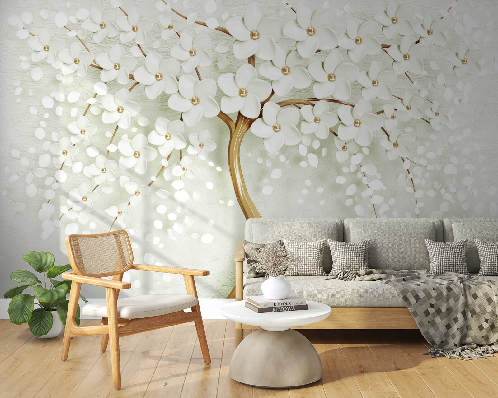 Фотошпалери дерево з білосніжними квітами, що розпускаються влітку