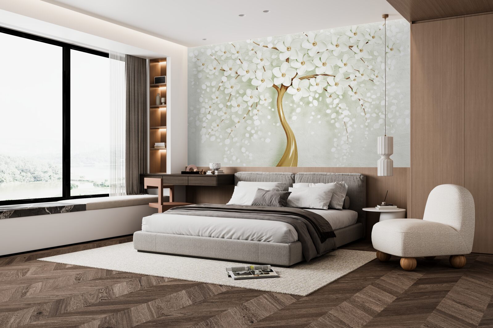 Фотошпалери дерево з білосніжними квітами, що розпускаються влітку