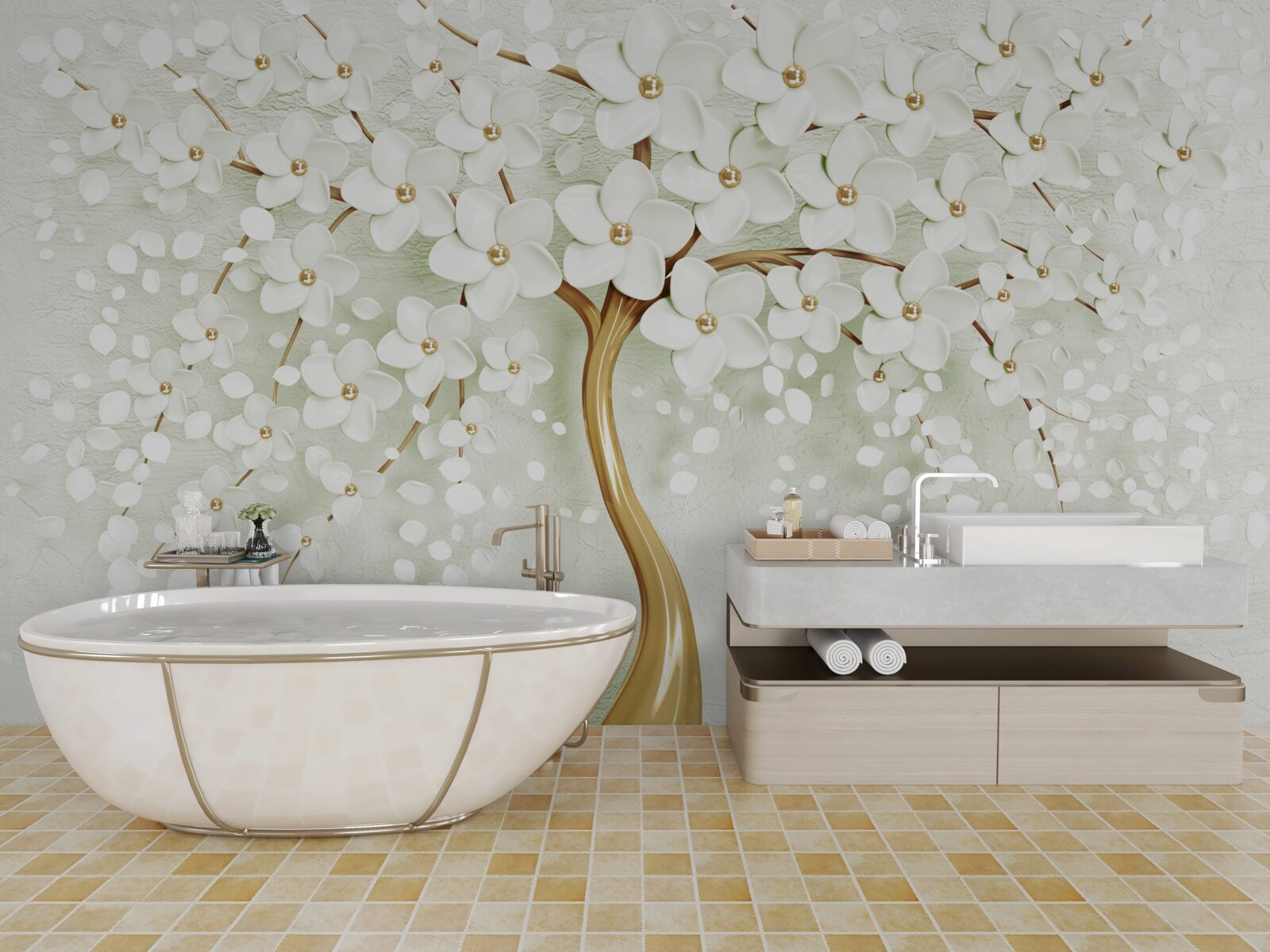 Фотошпалери дерево з білосніжними квітами, що розпускаються влітку