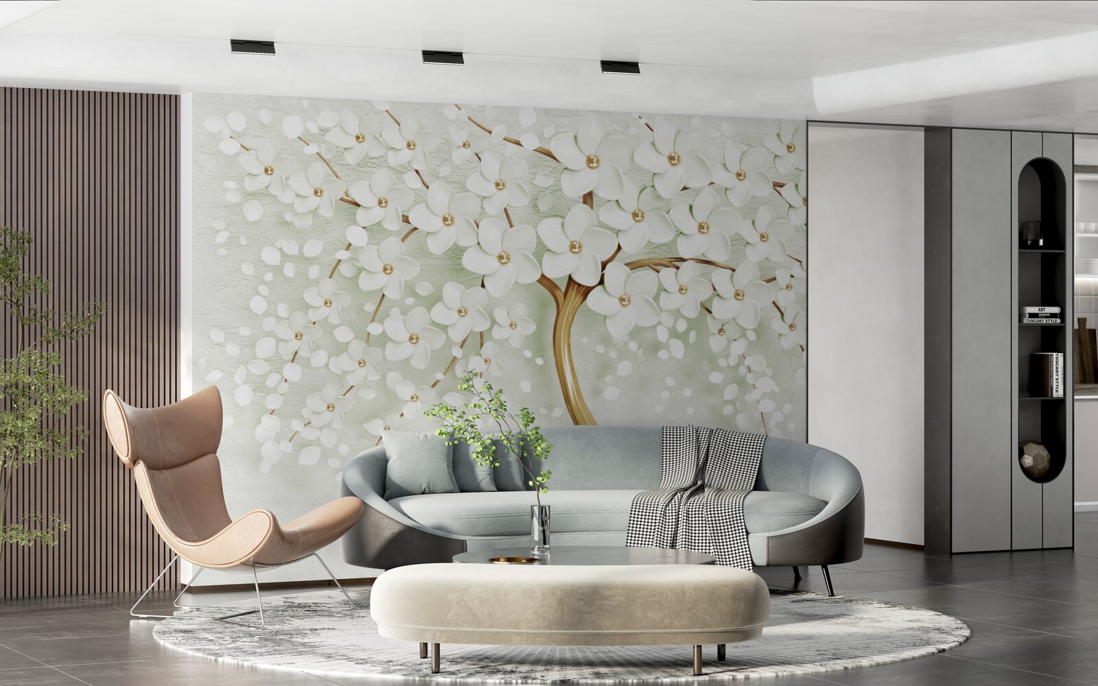 Фотошпалери дерево з білосніжними квітами, що розпускаються влітку