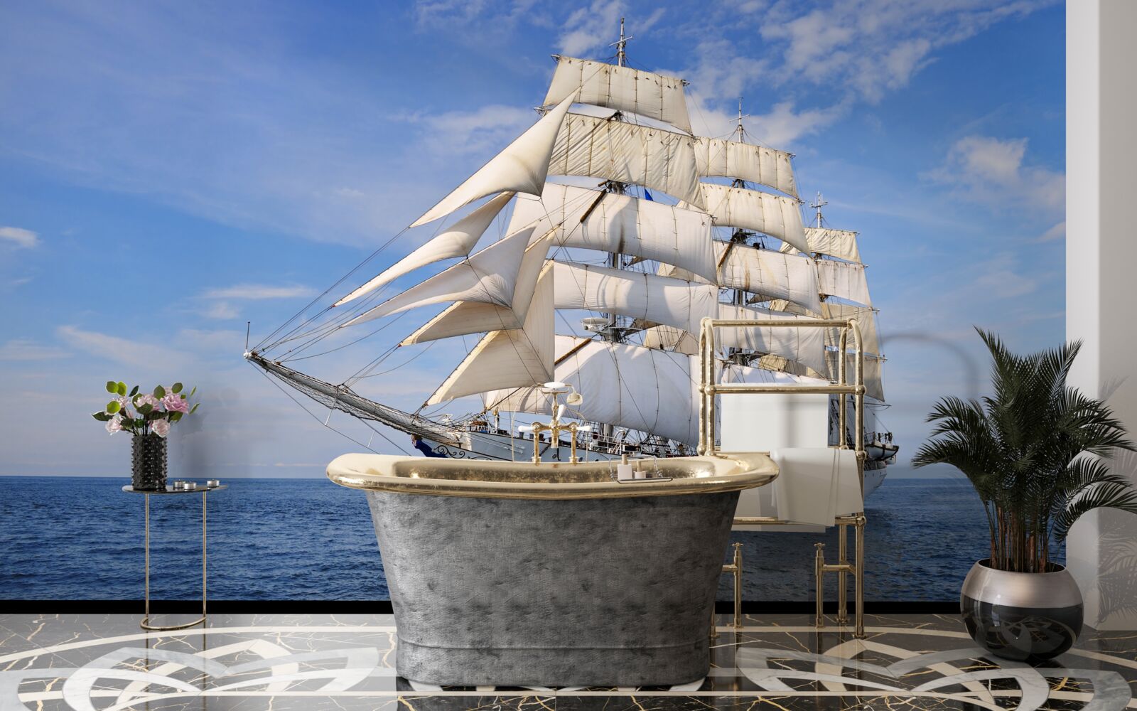 Фотошпалери білий корабель на воді