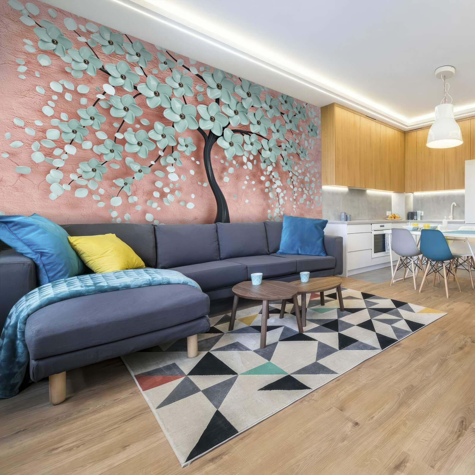 Фотошпалери дерево з блакитними квітами