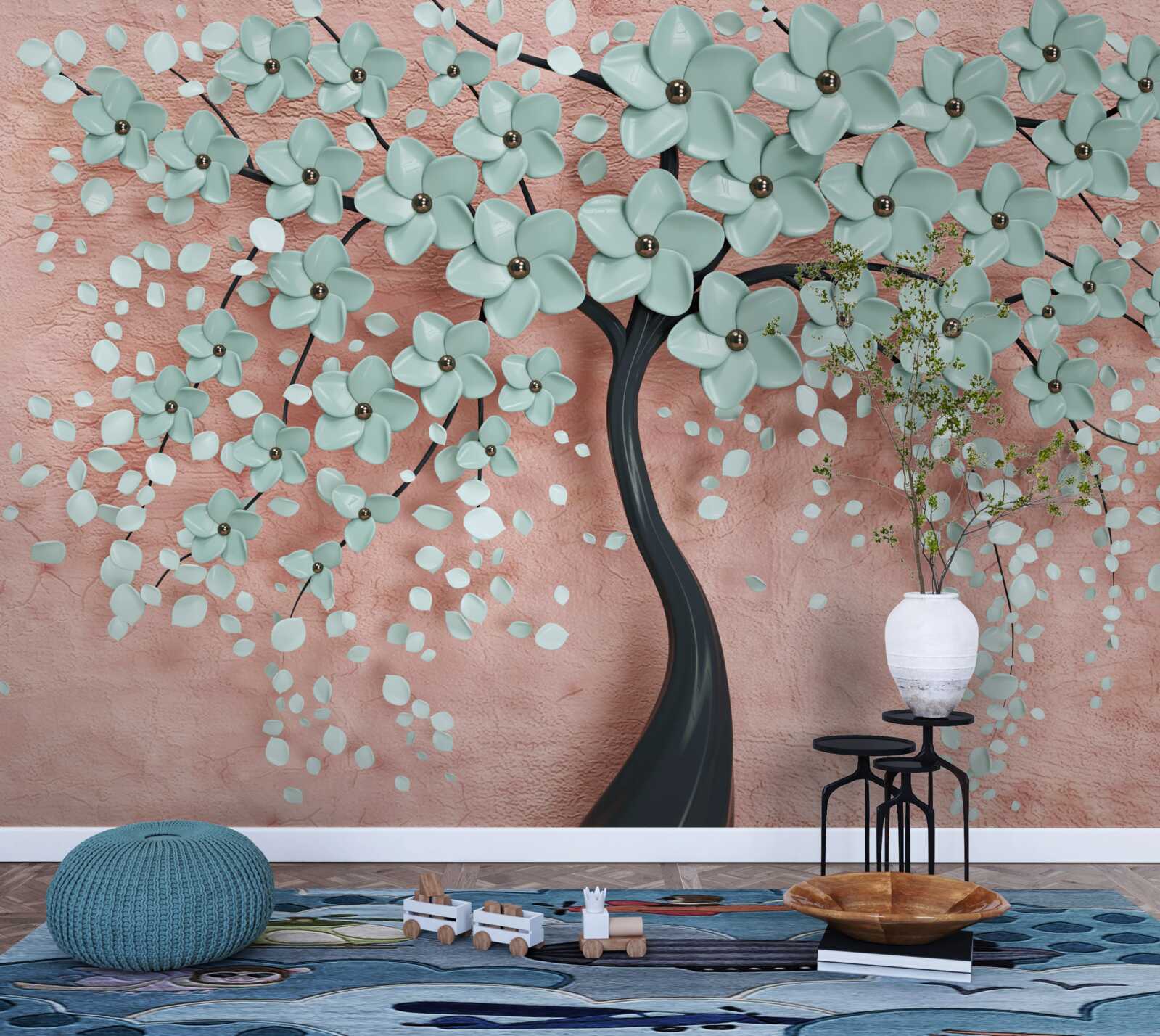 Фотошпалери дерево з блакитними квітами