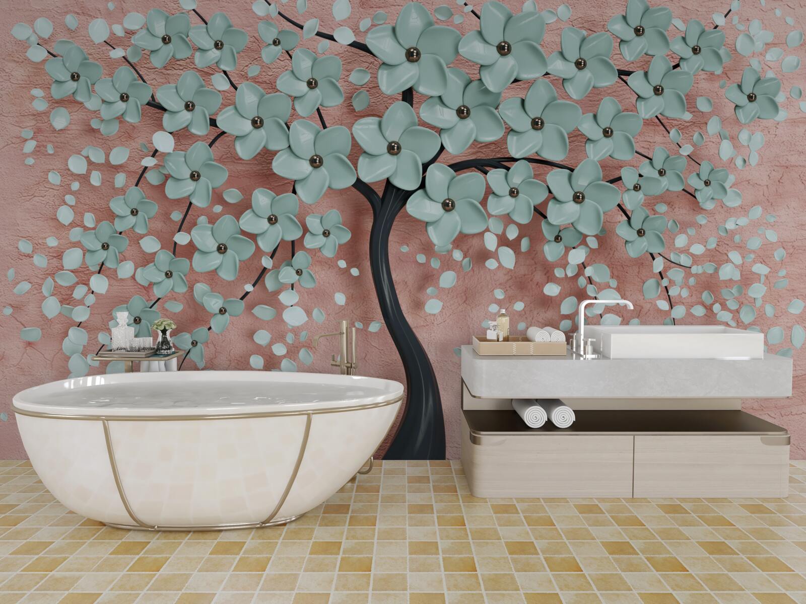 Фотошпалери дерево з блакитними квітами