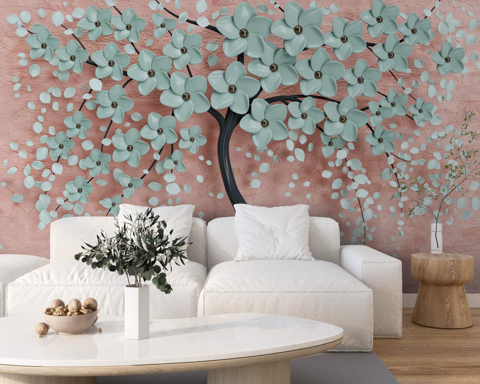 Фотошпалери дерево з блакитними квітами