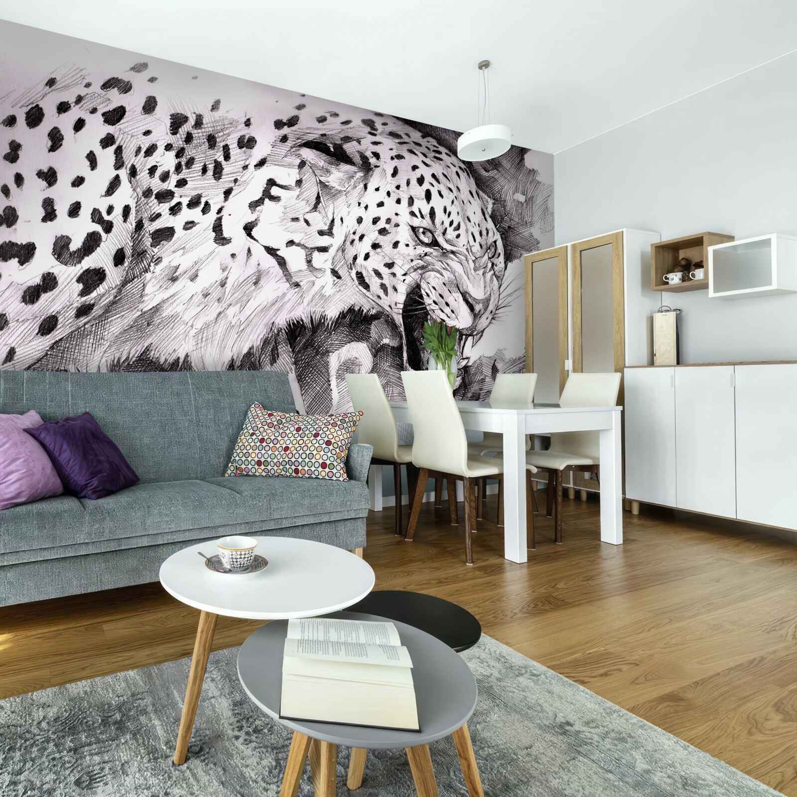 Фотошпалери агресивний леопард у чорно-білому кольорі