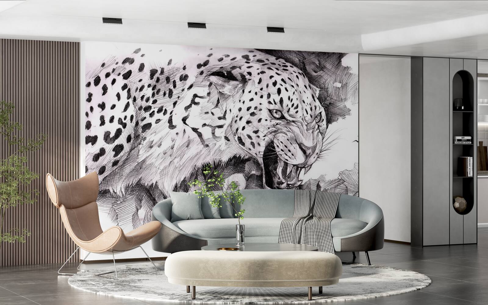 Фотошпалери агресивний леопард у чорно-білому кольорі