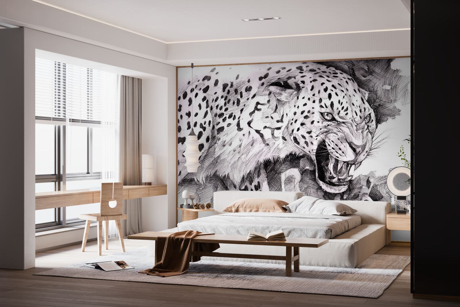 Фотошпалери агресивний леопард у чорно-білому кольорі