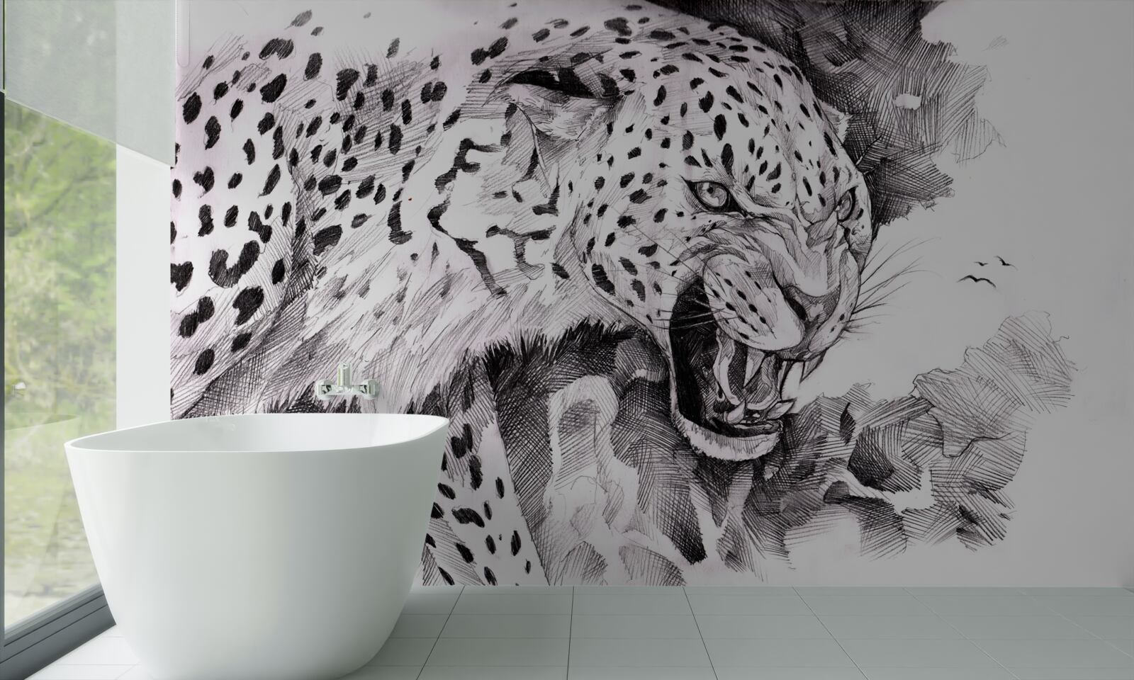 Фотошпалери агресивний леопард у чорно-білому кольорі