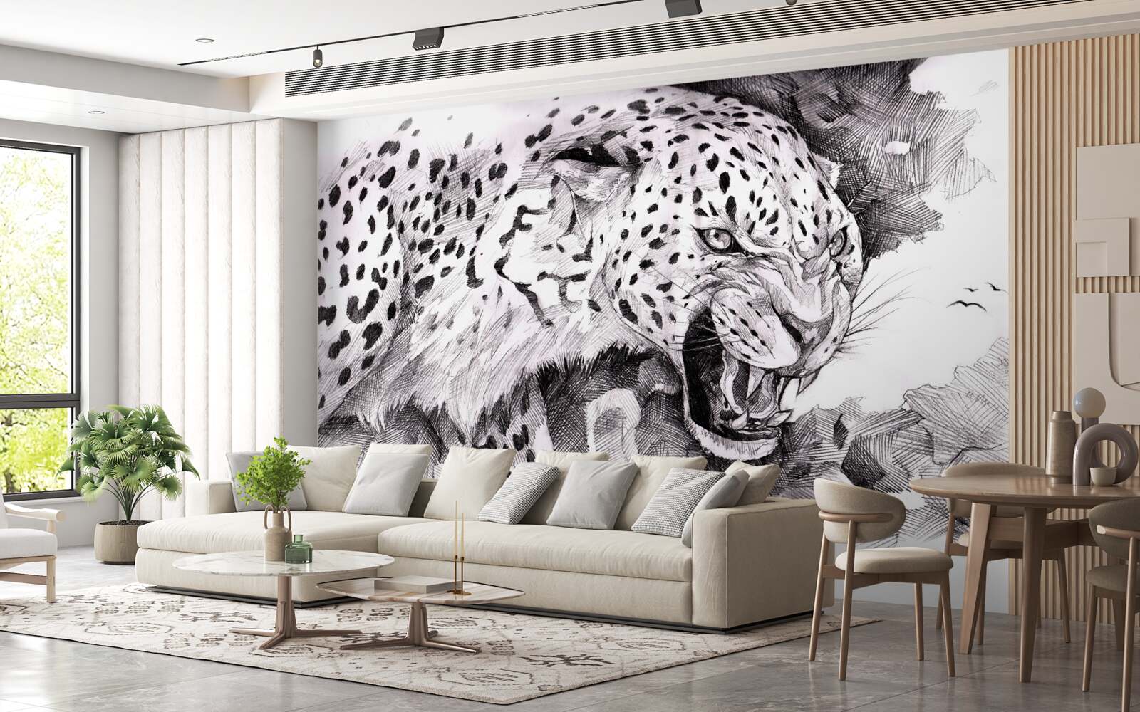 Фотошпалери агресивний леопард у чорно-білому кольорі