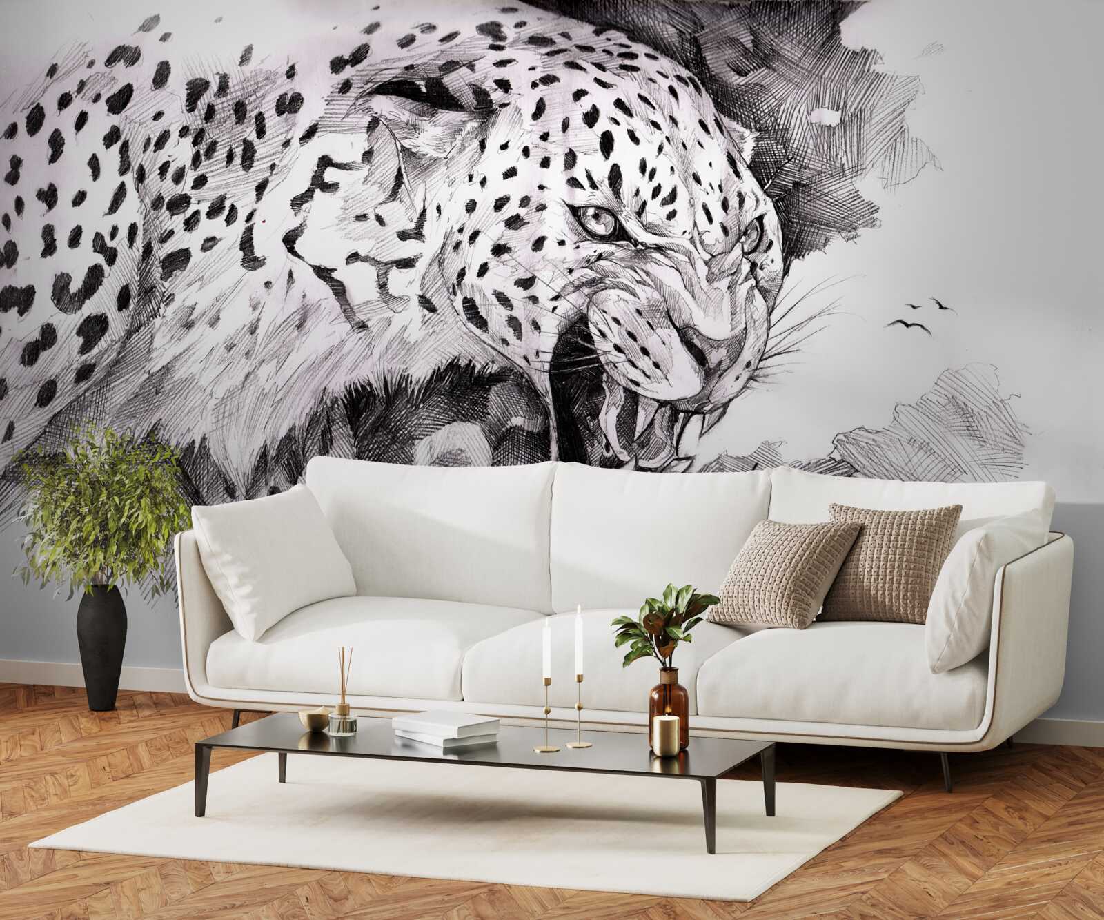 Фотошпалери агресивний леопард у чорно-білому кольорі