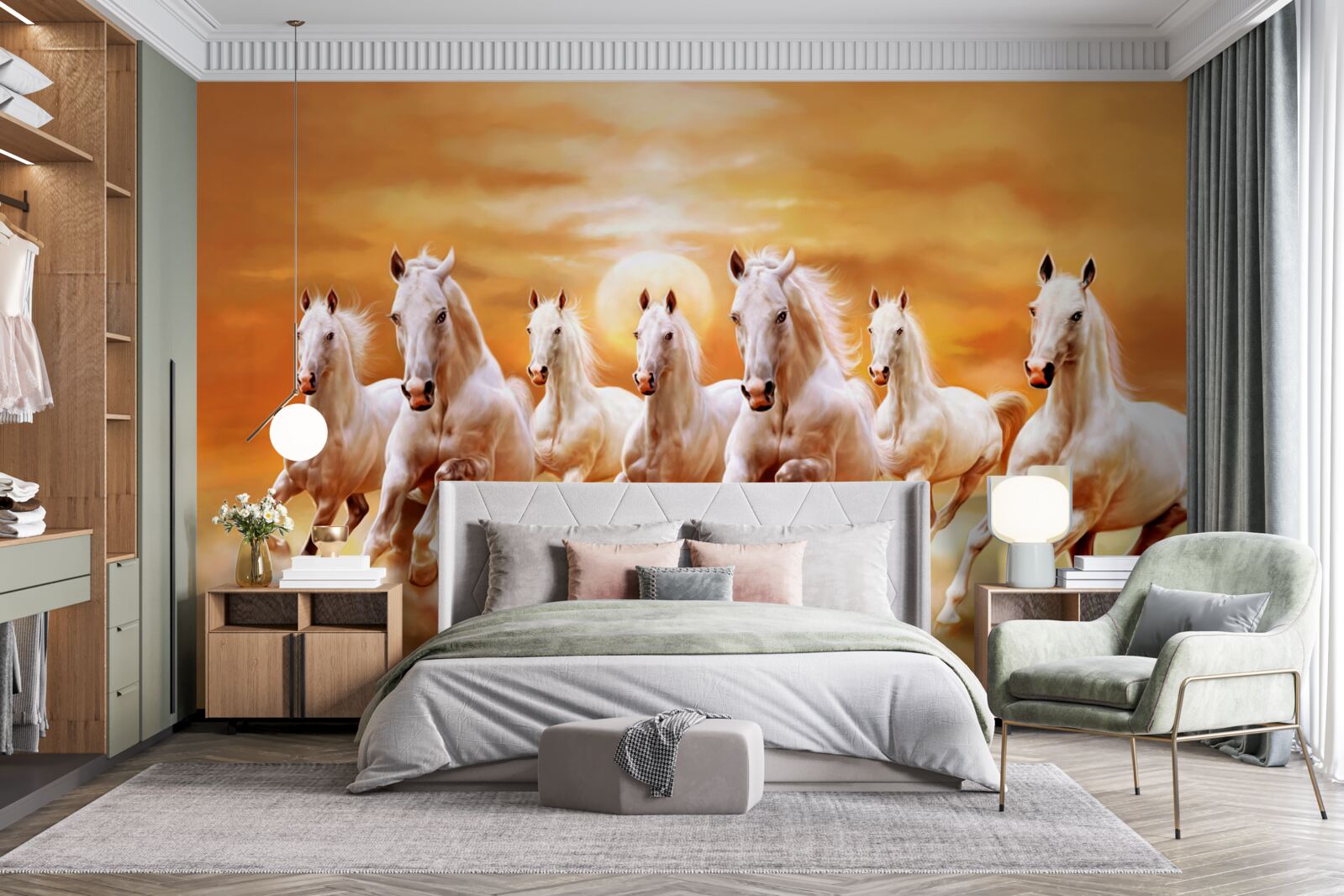 Фотошпалери сім білих коней