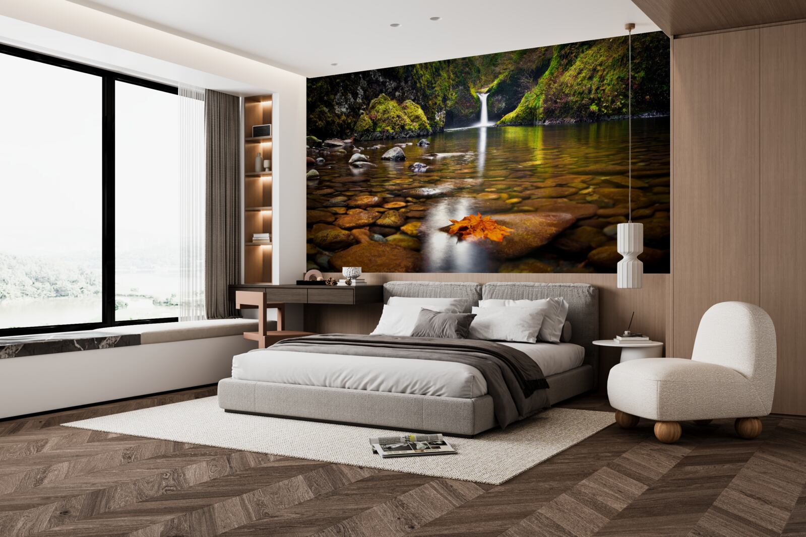 Фотошпалери листок, що впав на поверхню води в горах