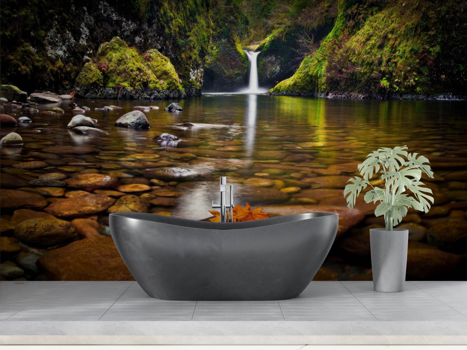 Фотошпалери листок, що впав на поверхню води в горах