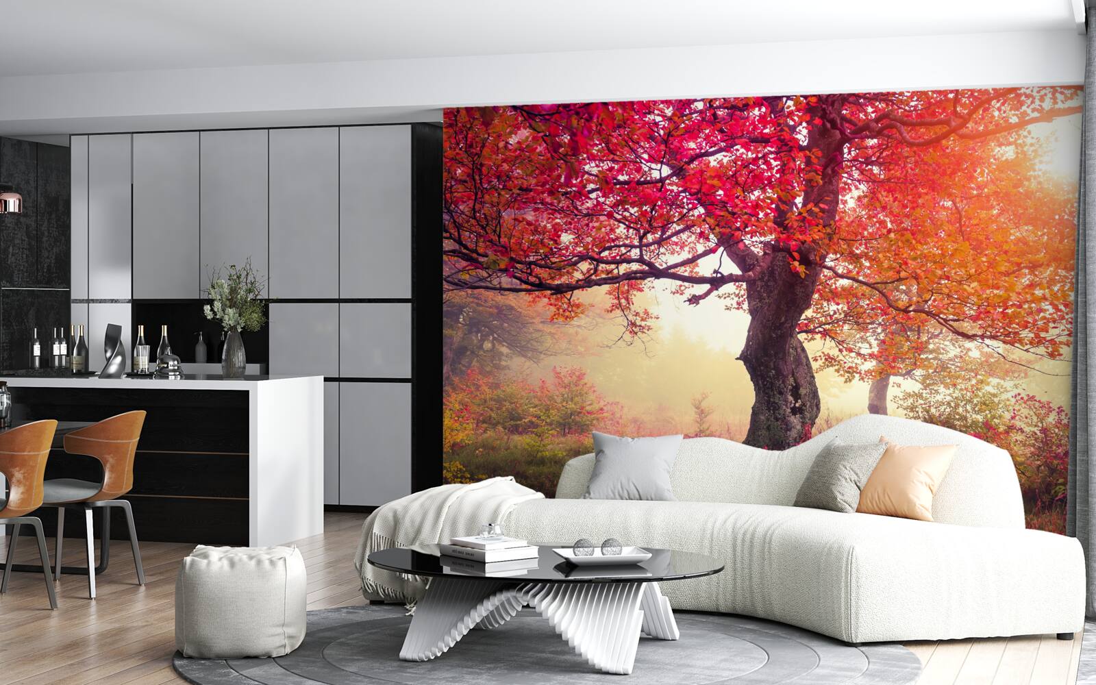 Фотошпалери квітучі дерева посеред туманного лісу