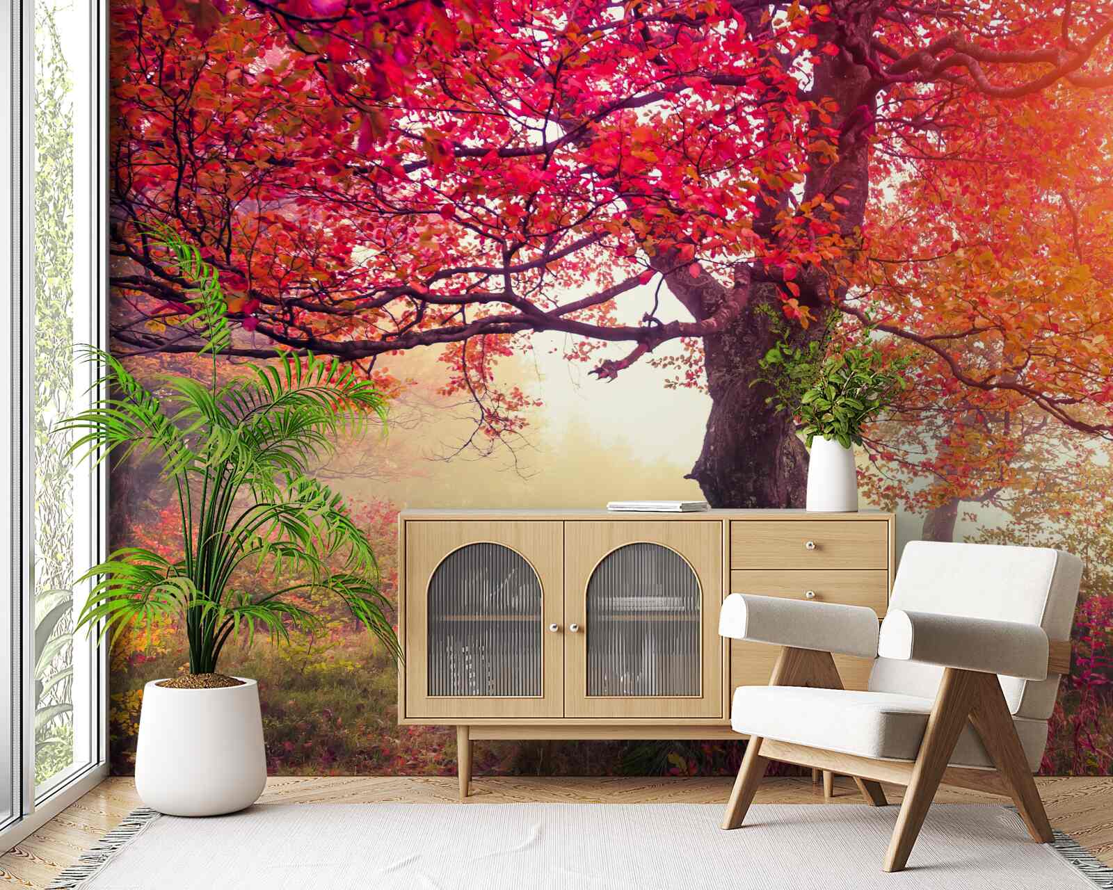 Фотошпалери квітучі дерева посеред туманного лісу