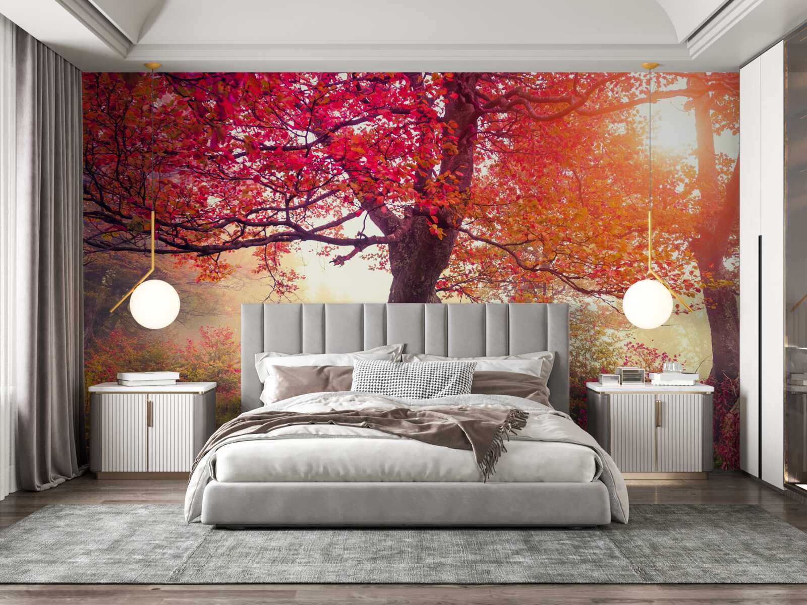 Фотошпалери квітучі дерева посеред туманного лісу