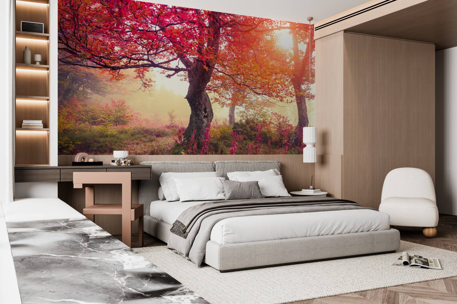 Фотошпалери квітучі дерева посеред туманного лісу