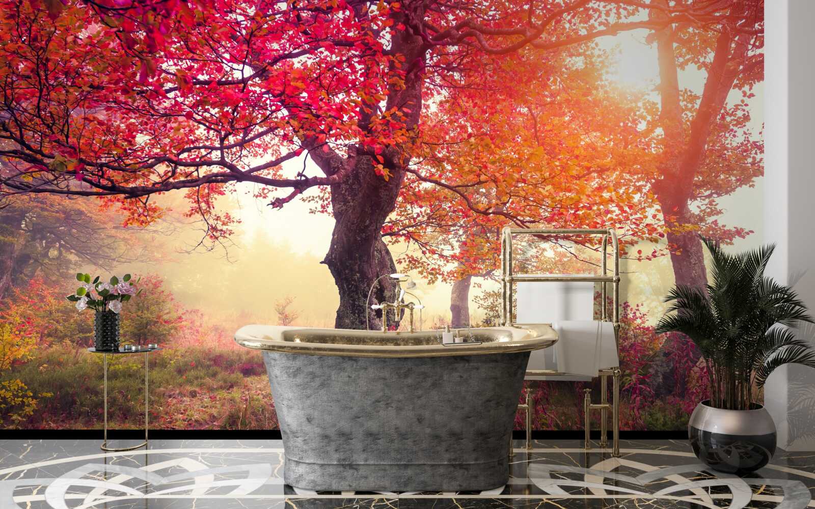 Фотошпалери квітучі дерева посеред туманного лісу