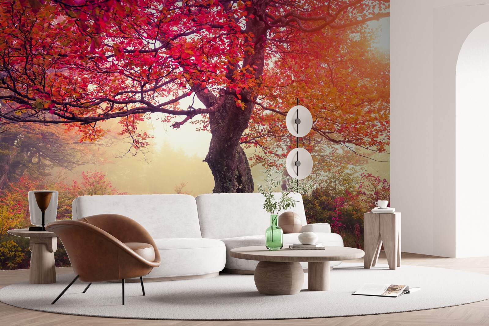 Фотошпалери квітучі дерева посеред туманного лісу