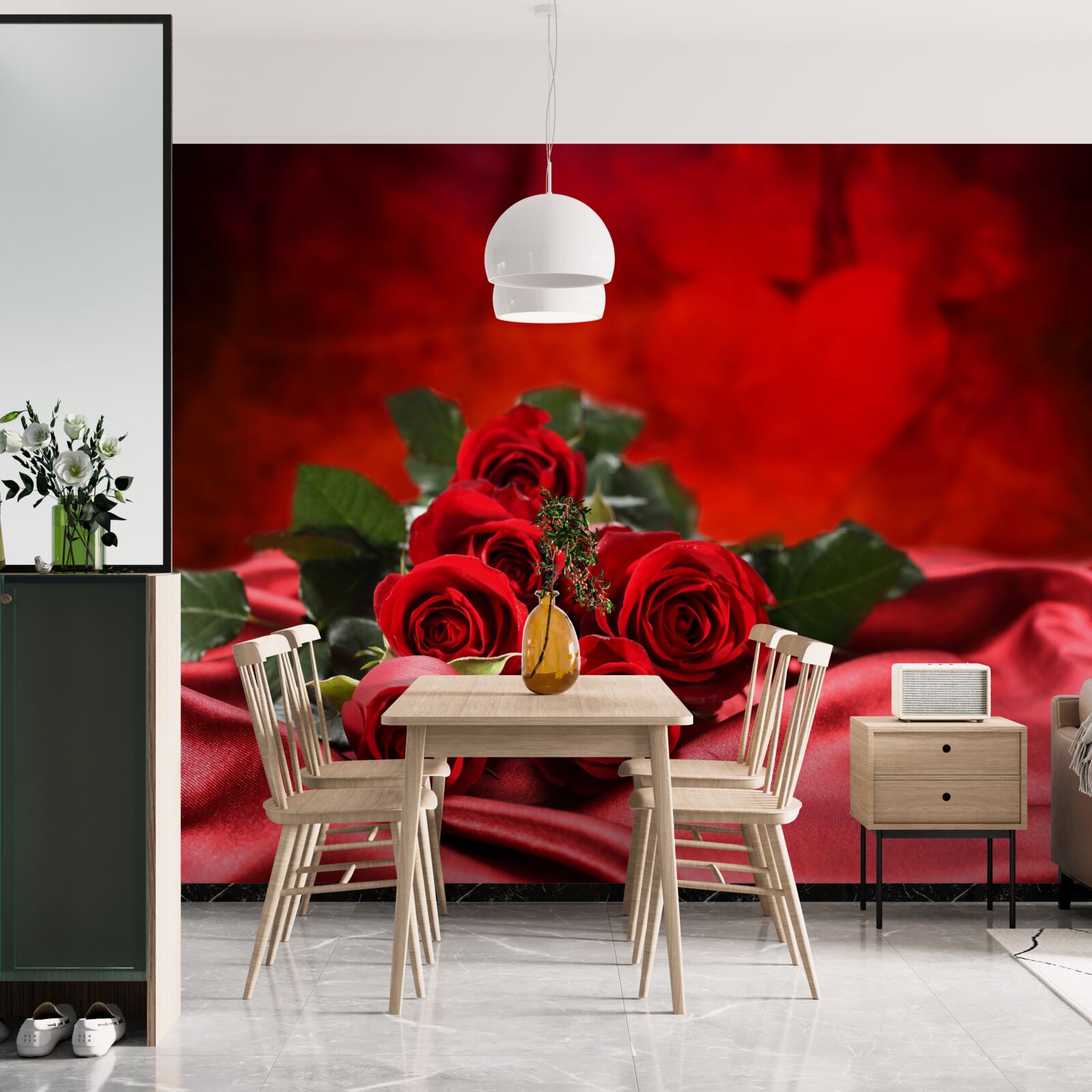 Фотошпалери червоні троянди на бордовому атласі