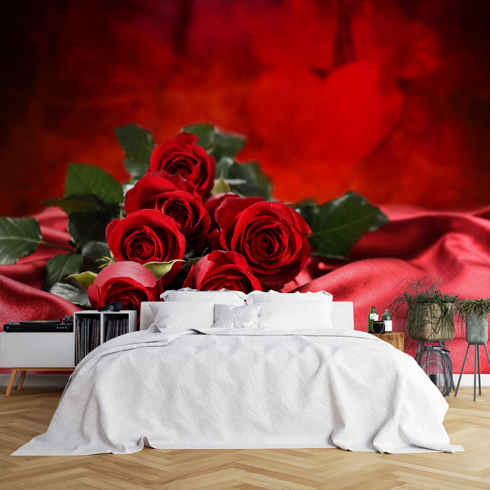 Фотошпалери червоні троянди на бордовому атласі